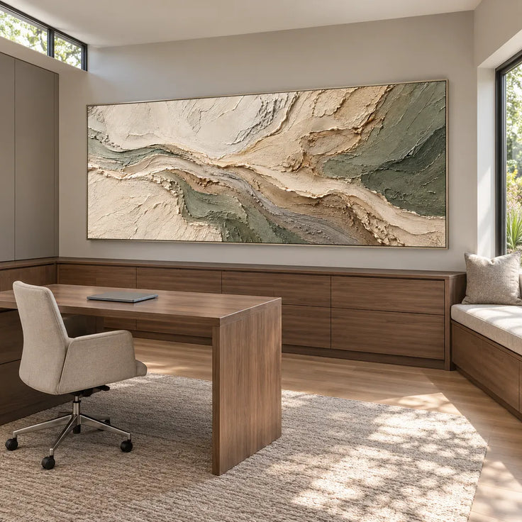 Beige & Sage Hand-Painted 3D Textured Oil Painting, Flowing Abstract Wall Art #EK9DQ1GU