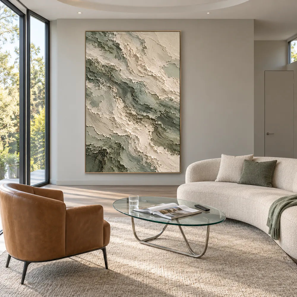 Sage and Cream Hand-Painted Abstract Painting, Interwoven Waves #QPIDQV1U