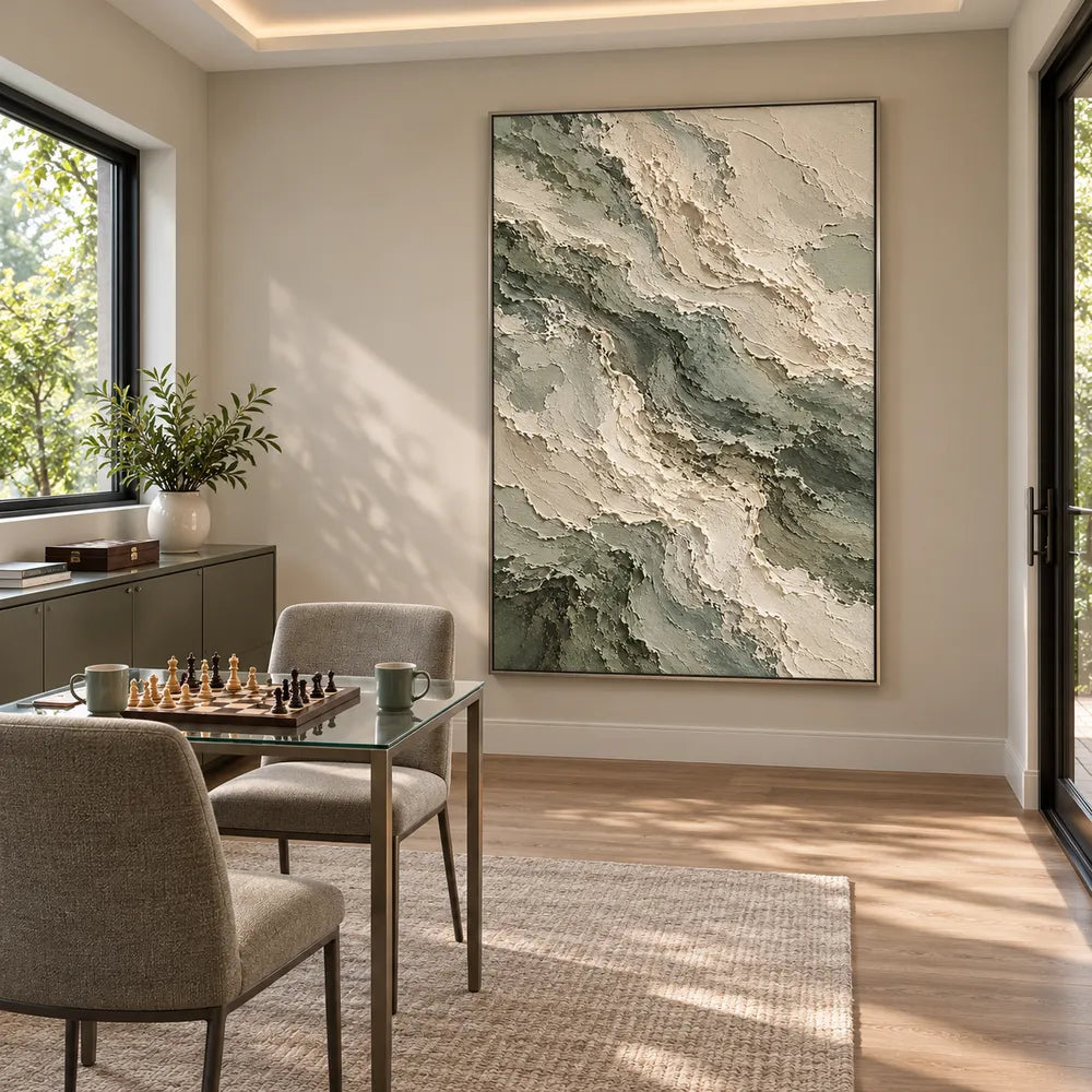 Sage and Cream Hand-Painted Abstract Painting, Interwoven Waves #QPIDQV1U