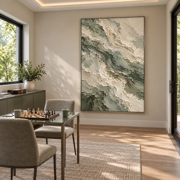 Sage and Cream Hand-Painted Abstract Painting, Interwoven Waves #QPIDQV1U