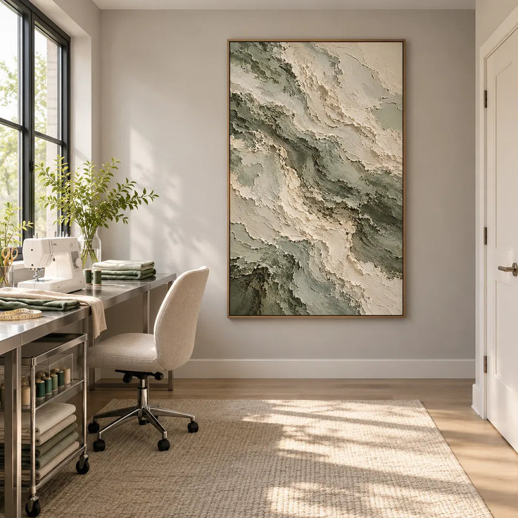 Sage and Cream Hand-Painted Abstract Painting, Interwoven Waves #QPIDQV1U