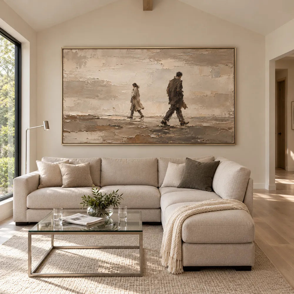 Beige Hand-Painted Figure Painting, Two Passing Walkers #64RDKLIU