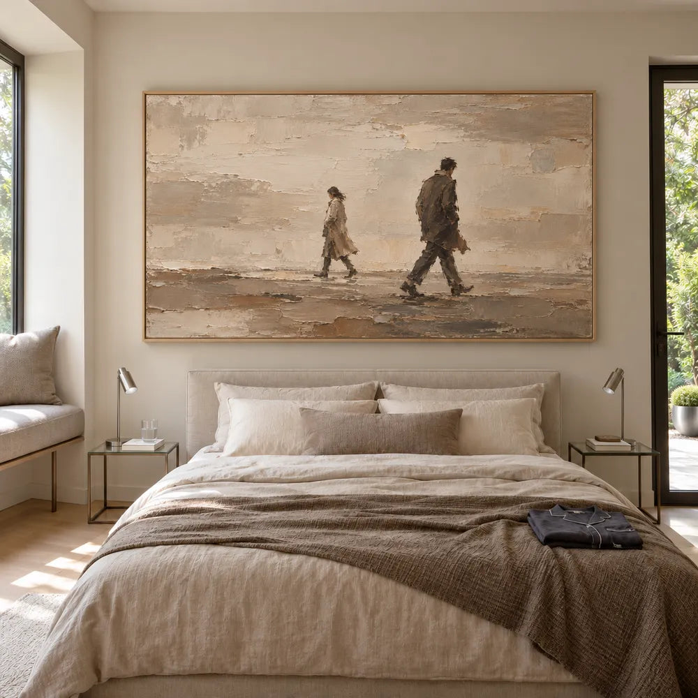 Beige Hand-Painted Figure Painting, Two Passing Walkers #64RDKLIU