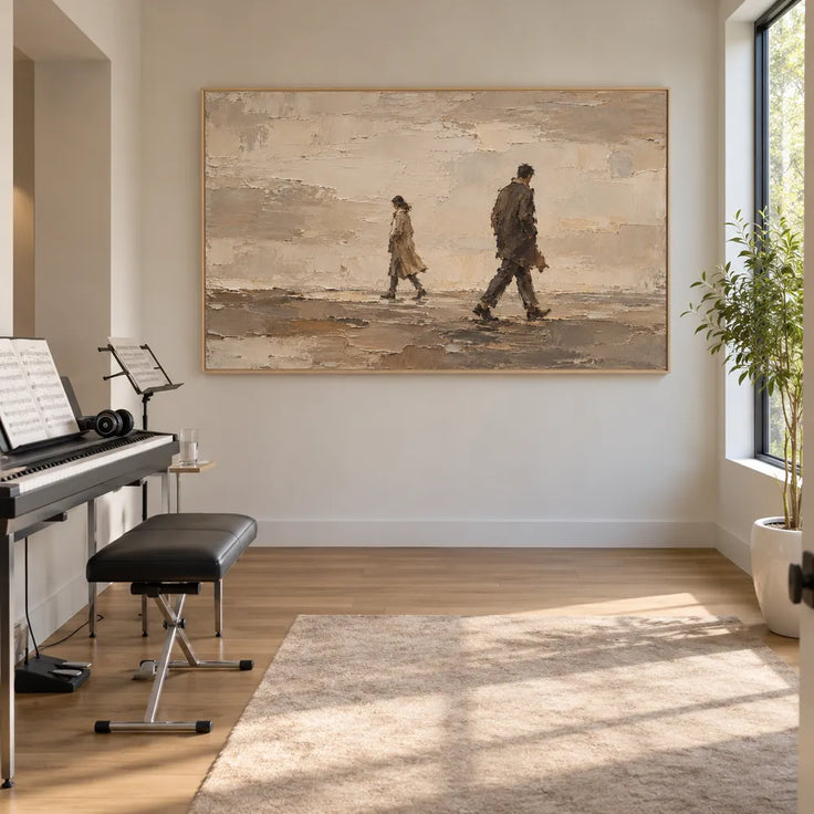 Beige Hand-Painted Figure Painting, Two Passing Walkers #64RDKLIU
