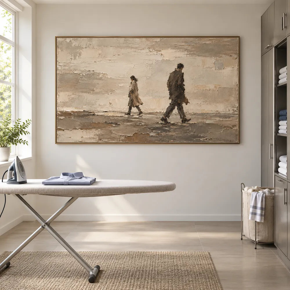 Beige Hand-Painted Figure Painting, Two Passing Walkers #64RDKLIU