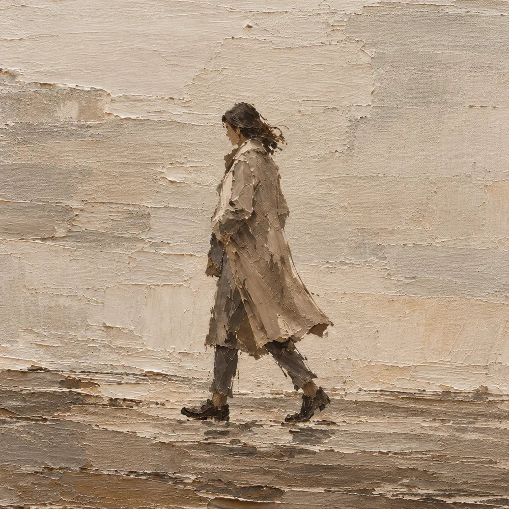 Beige Hand-Painted Figure Painting, Two Passing Walkers #64RDKLIU
