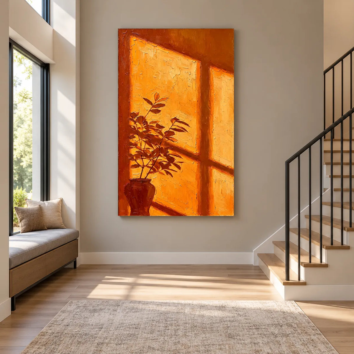 Orange Hand-Painted Oil Painting, Sunlit Window and Leafy Vase Still Life #EGIP0NRX