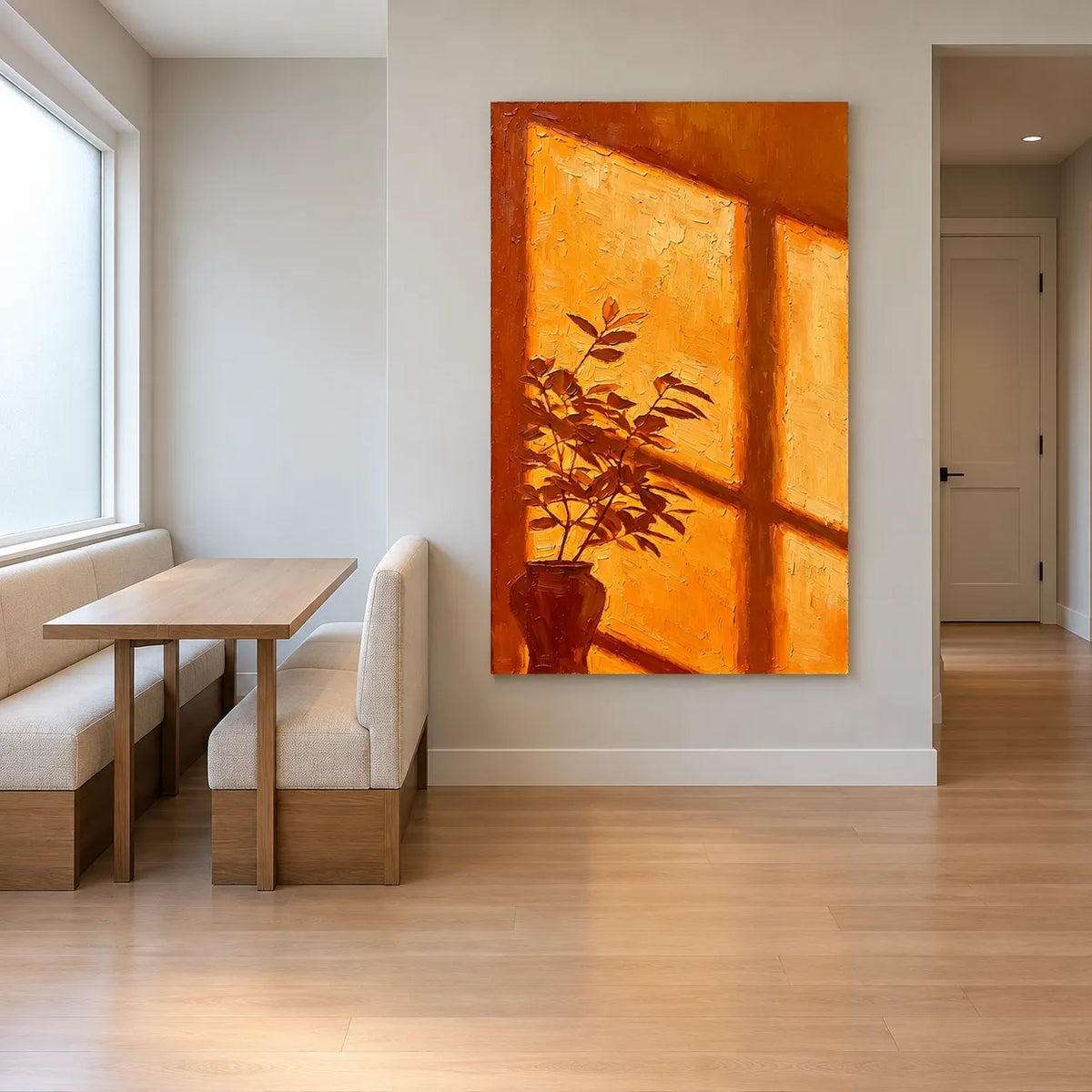 Orange Hand-Painted Oil Painting, Sunlit Window and Leafy Vase Still Life #EGIP0NRX