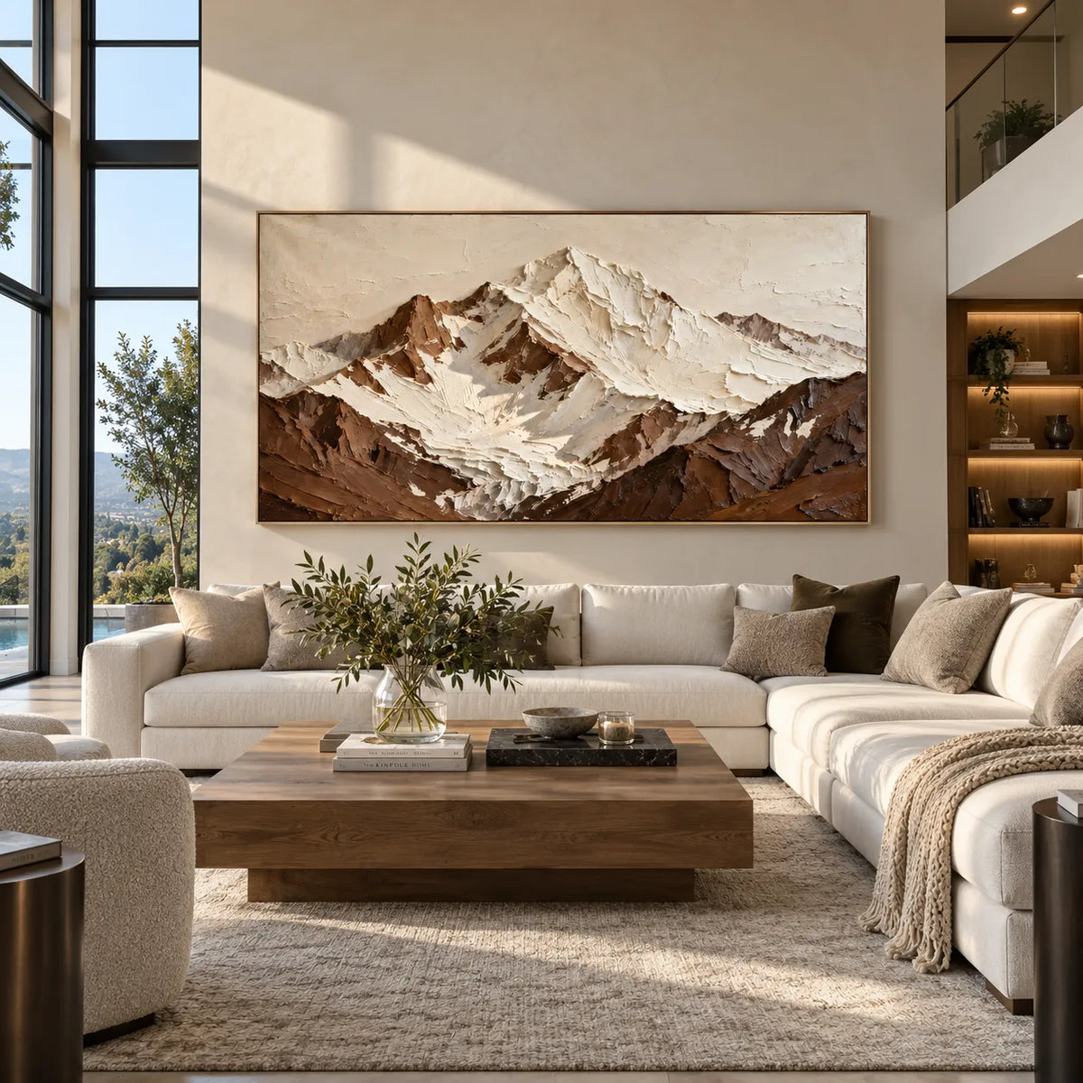 Ivory & Brown Hand-Painted 3D Textured Oil Painting, Snowy Mountain Landscape Wall Art #41E584U4