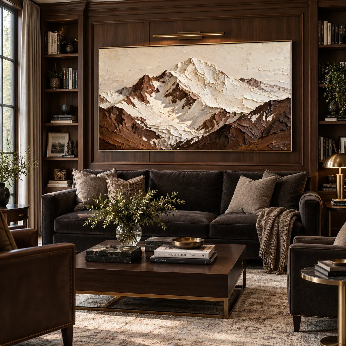 Ivory & Brown Hand-Painted 3D Textured Oil Painting, Snowy Mountain Landscape Wall Art #41E584U4