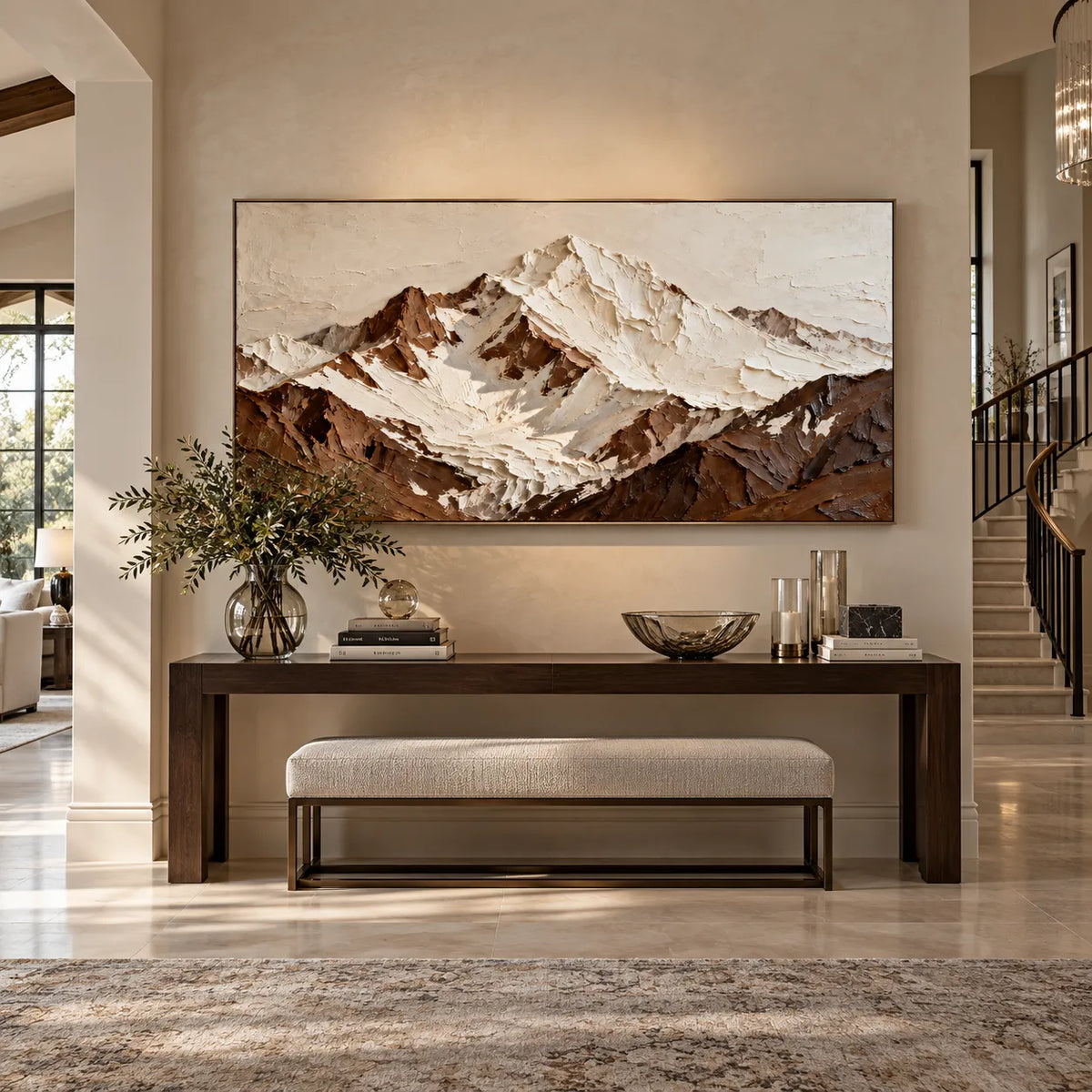 Ivory & Brown Hand-Painted 3D Textured Oil Painting, Snowy Mountain Landscape Wall Art #41E584U4