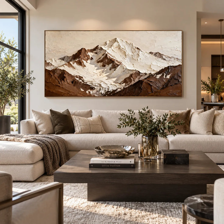Ivory & Brown Hand-Painted 3D Textured Oil Painting, Snowy Mountain Landscape Wall Art #41E584U4