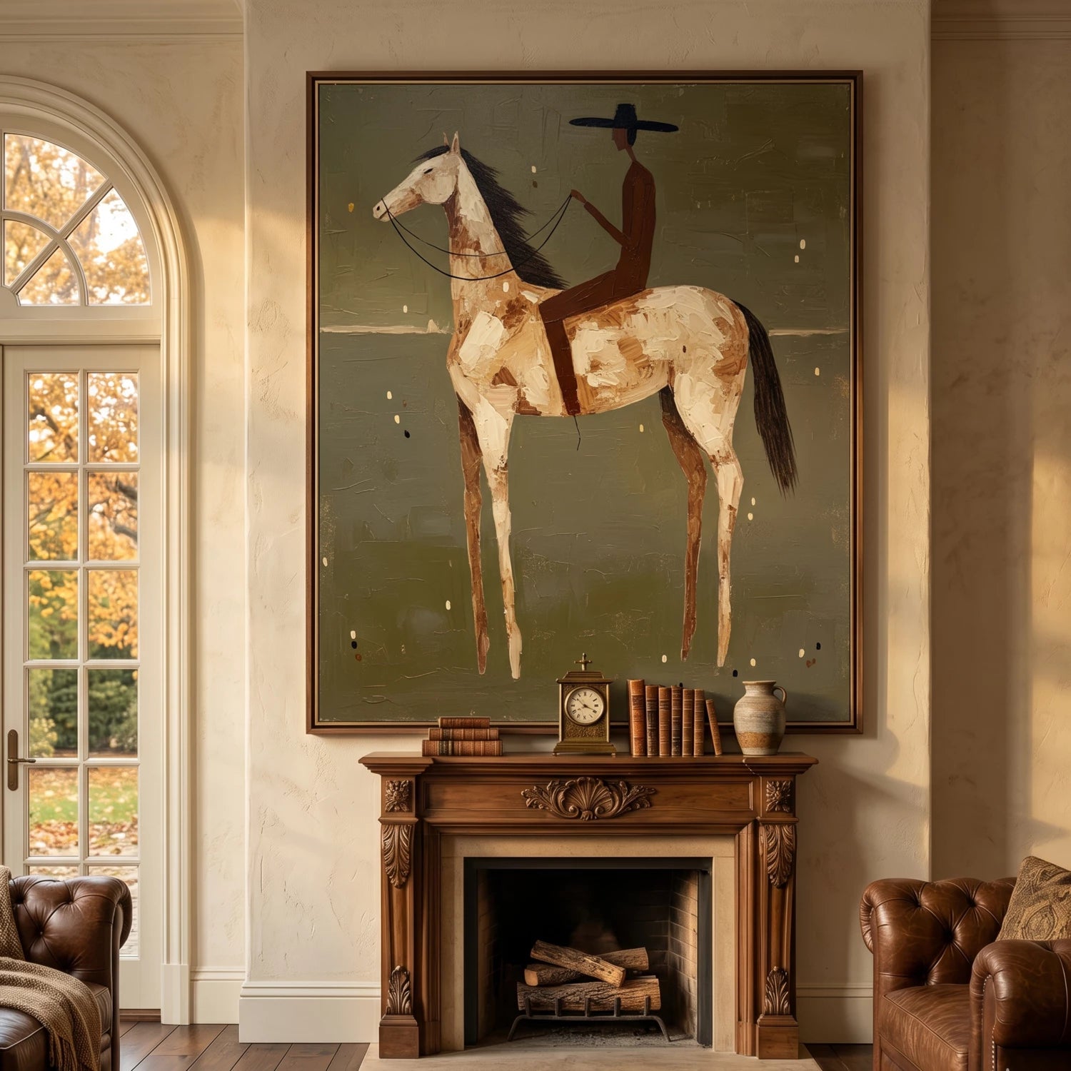 Hand-painted Abstract Cowboy on Horse Oil Painting, Neutral Western Wall Art #AB141