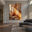 Brown & Ochre Hand-Painted Oil Painting, Sunlit Window and Stairway Wall Art #5OYXRZXQ