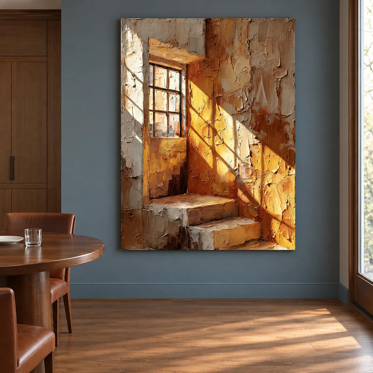 Brown & Ochre Hand-Painted Oil Painting, Sunlit Window and Stairway Wall Art #5OYXRZXQ