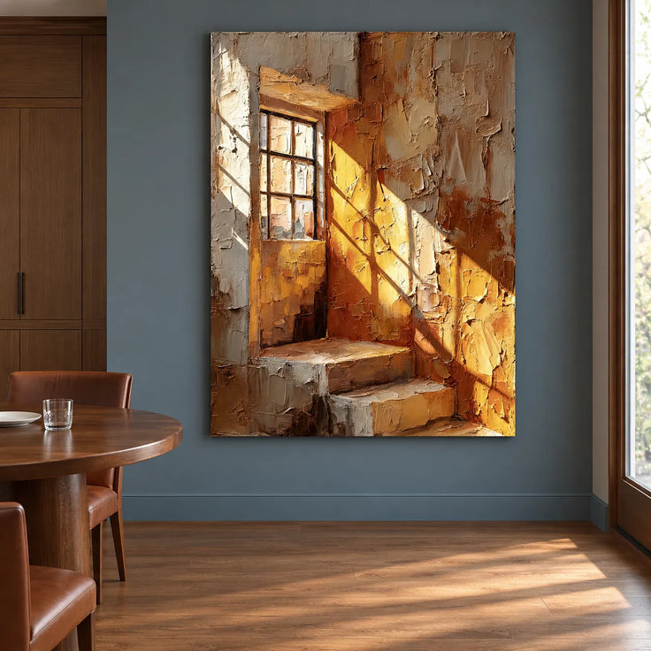 Brown & Ochre Hand-Painted Oil Painting, Sunlit Window and Stairway Wall Art #5OYXRZXQ