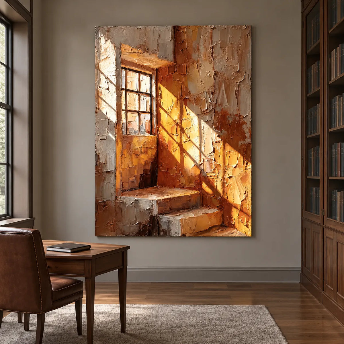 Brown & Ochre Hand-Painted Oil Painting, Sunlit Window and Stairway Wall Art #5OYXRZXQ