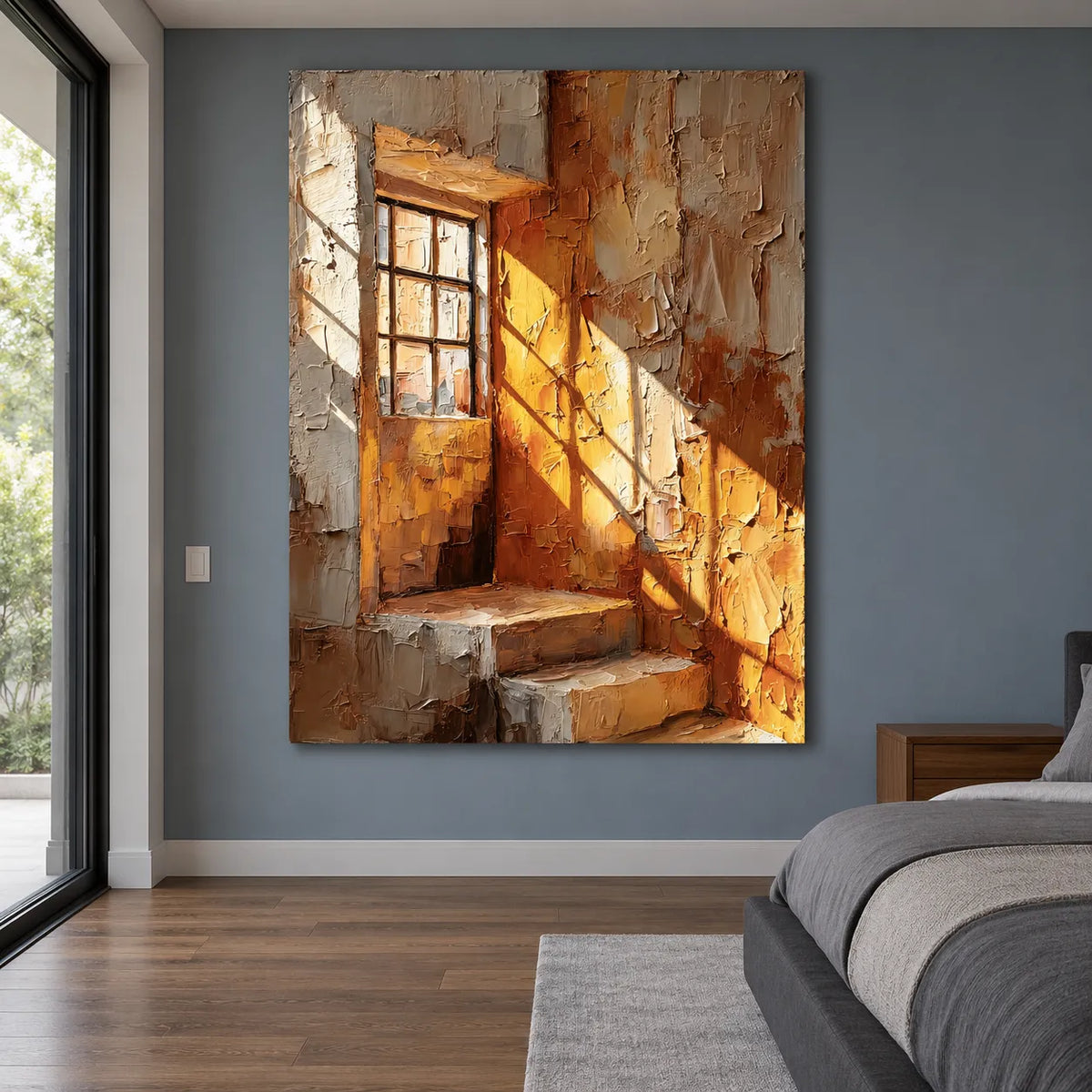 Brown & Ochre Hand-Painted Oil Painting, Sunlit Window and Stairway Wall Art #5OYXRZXQ