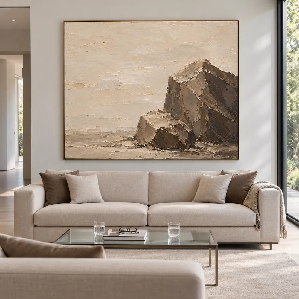 Beige Brown Hand-Painted Rock Painting, Two Angular Boulders #3O23L6NZ