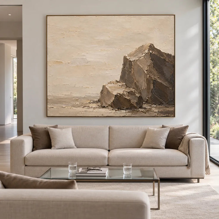 Beige Brown Hand-Painted Rock Painting, Two Angular Boulders #3O23L6NZ
