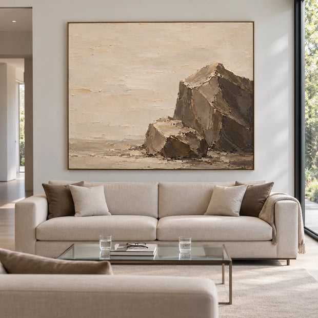 Beige Brown Hand-Painted Rock Painting, Two Angular Boulders #3O23L6NZ