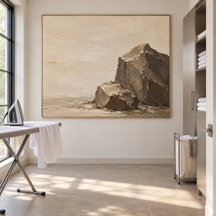 Beige Brown Hand-Painted Rock Painting, Two Angular Boulders #3O23L6NZ