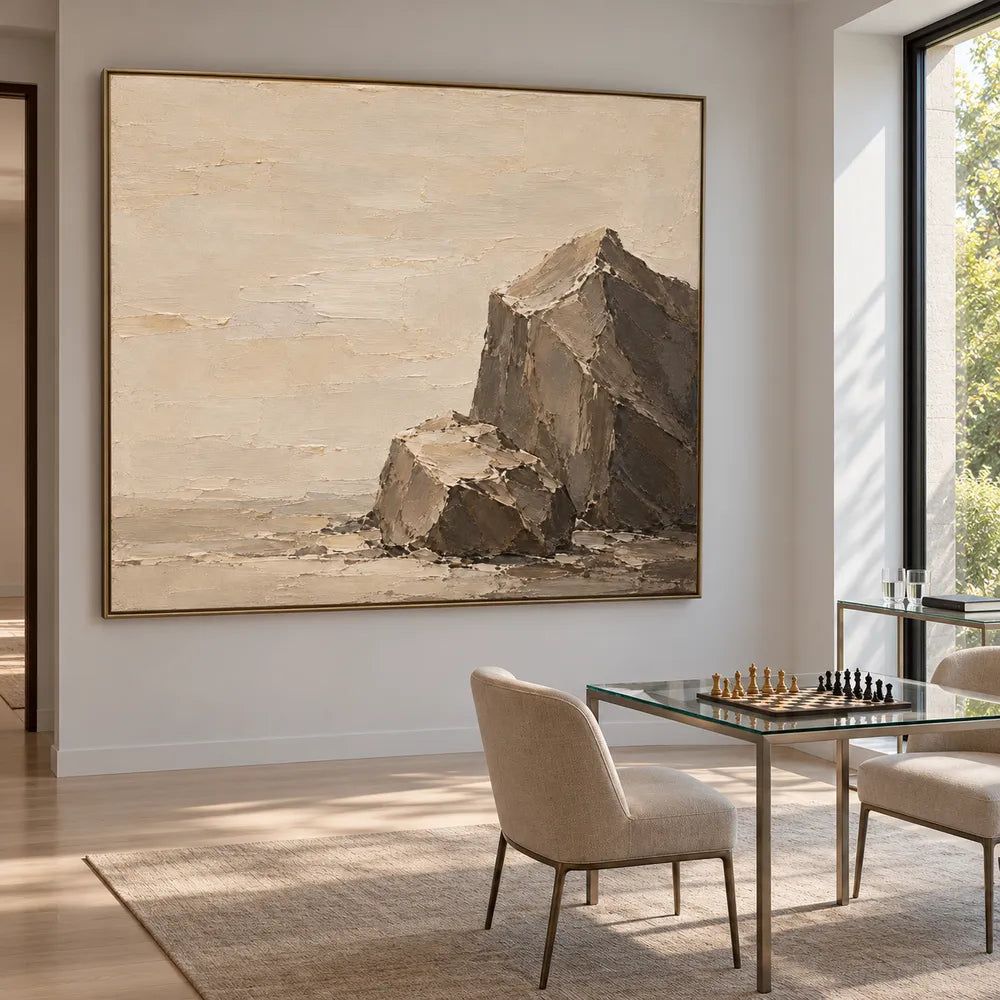 Beige Brown Hand-Painted Rock Painting, Two Angular Boulders #3O23L6NZ