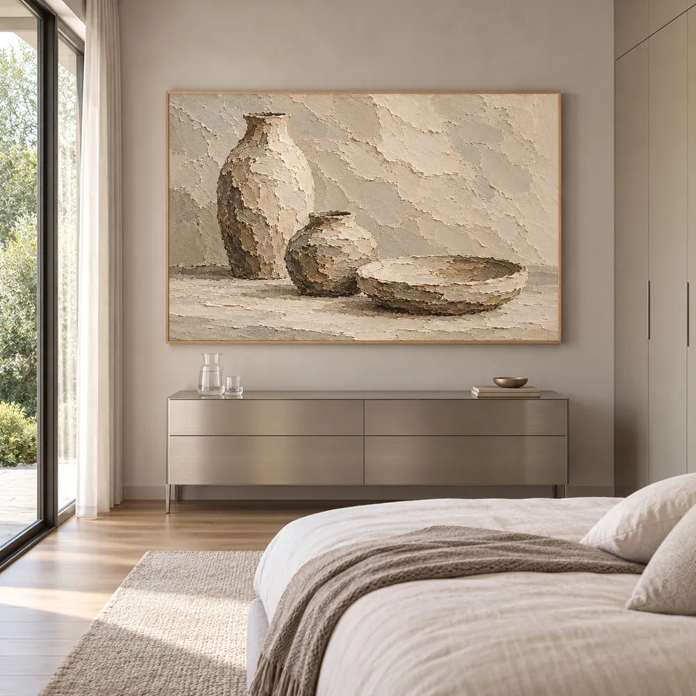 Beige Hand-Painted Still Life Painting, Two Vases and a Bowl #ORM3DBBW
