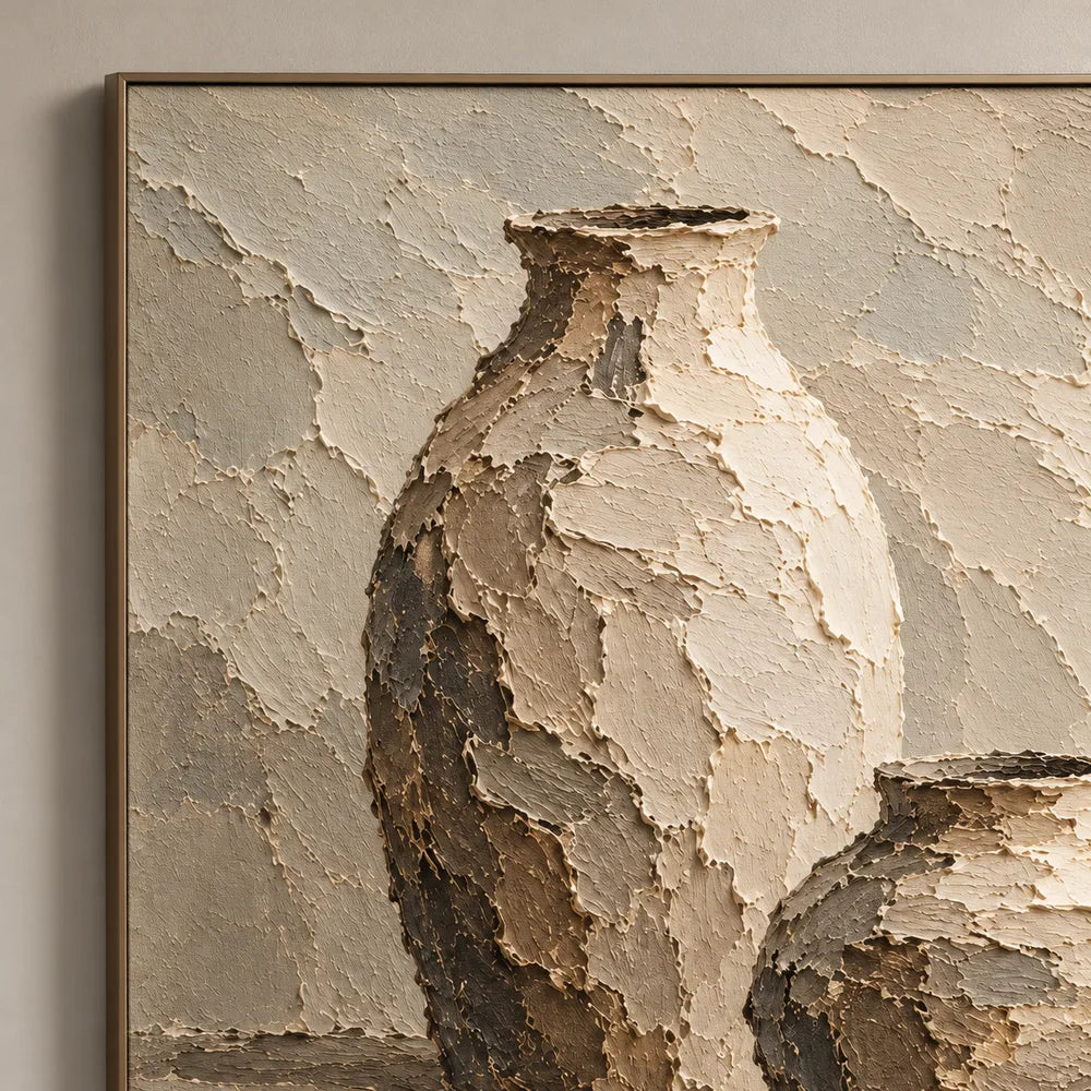 Beige Hand-Painted Still Life Painting, Two Vases and a Bowl #ORM3DBBW