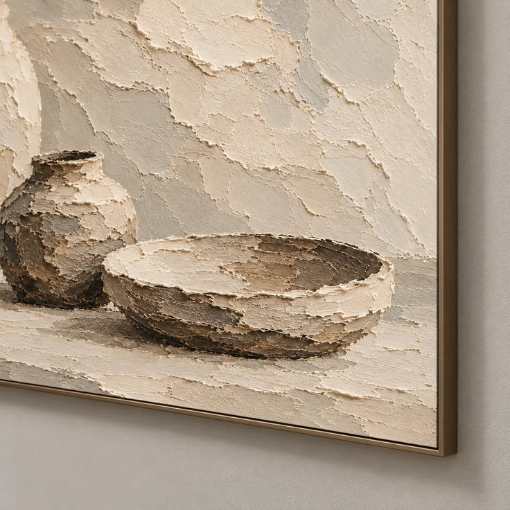 Beige Hand-Painted Still Life Painting, Two Vases and a Bowl #ORM3DBBW