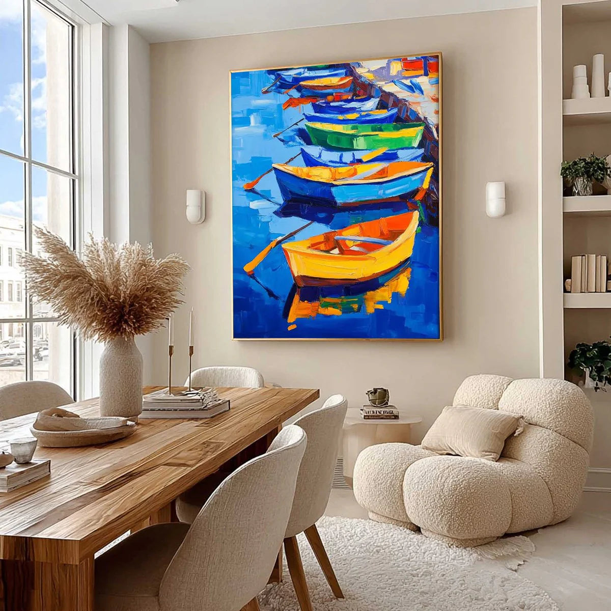 Colorful Boats Oil Painting, Original Hand-painted Wall Art #AB354