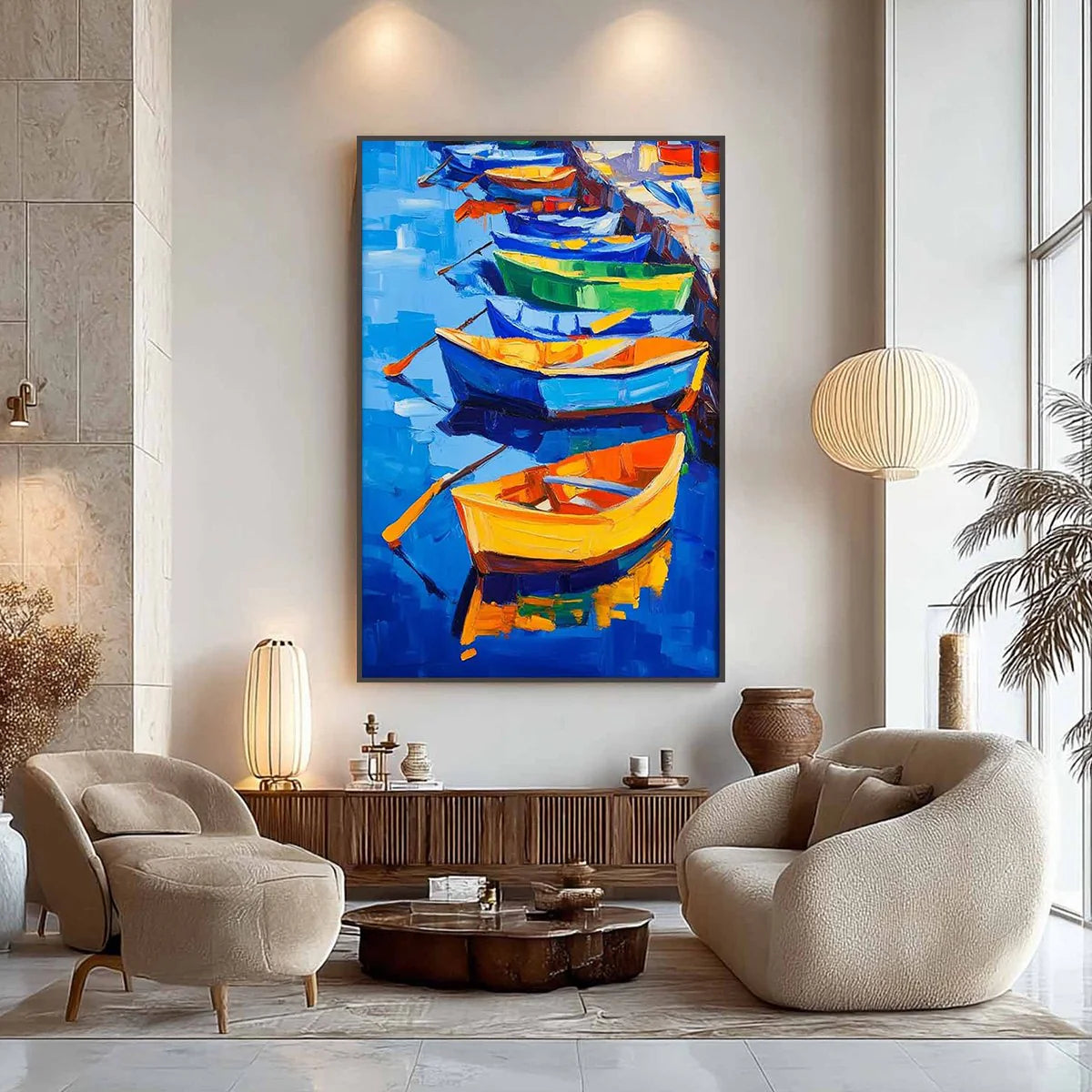 Colorful Boats Oil Painting, Original Hand-painted Wall Art #AB354