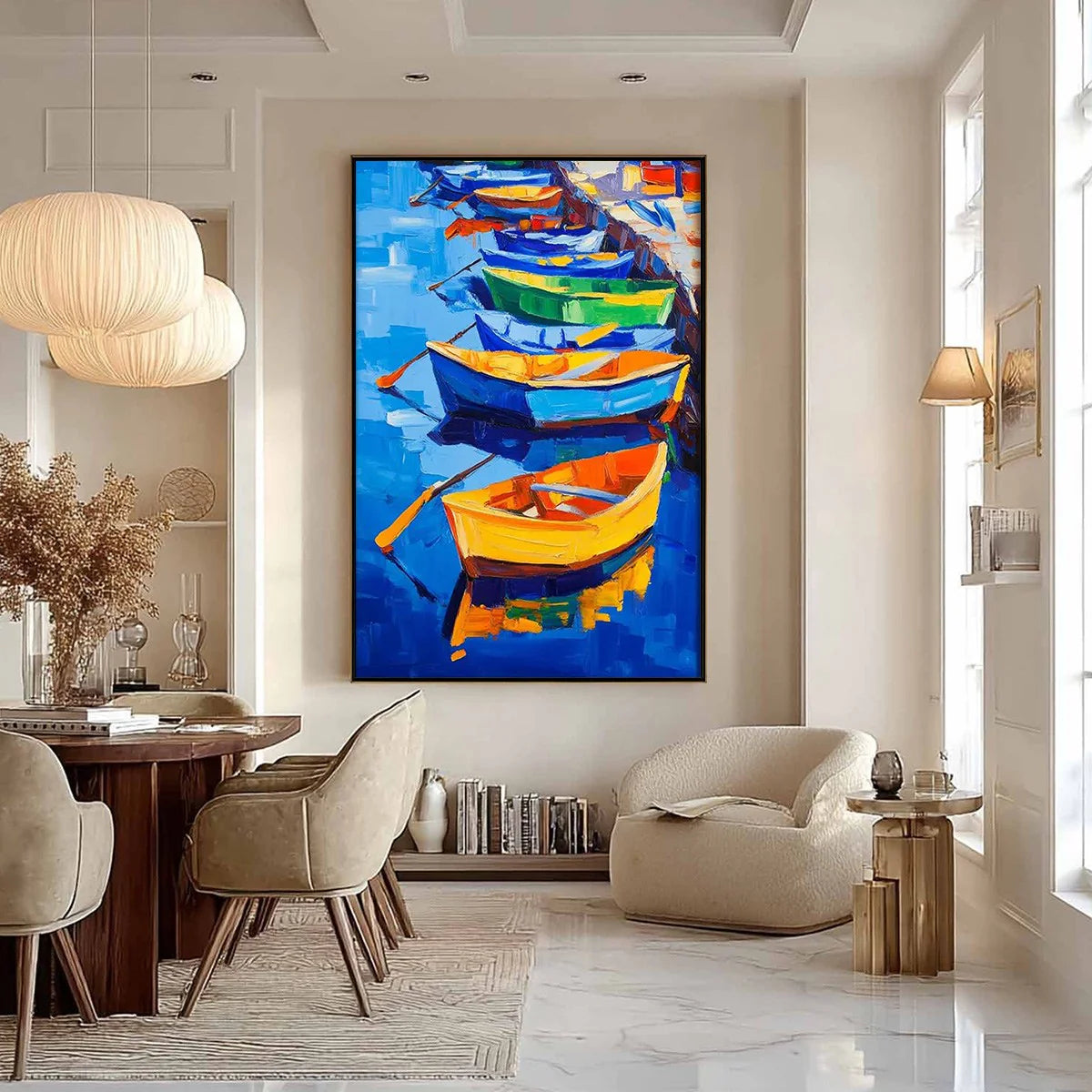 Colorful Boats Oil Painting, Original Hand-painted Wall Art #AB354