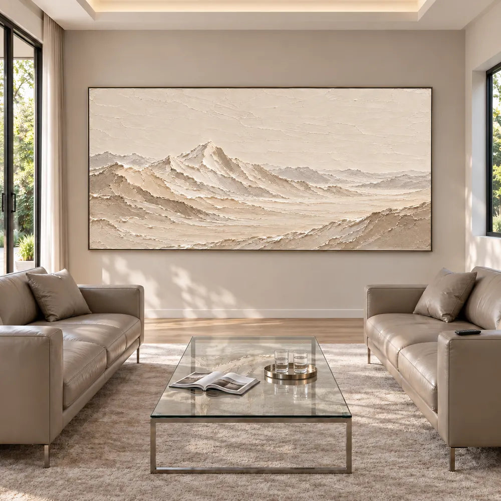 Cream Hand-Painted Mountain Painting, Open Panoramic Range #ALB5UQAD