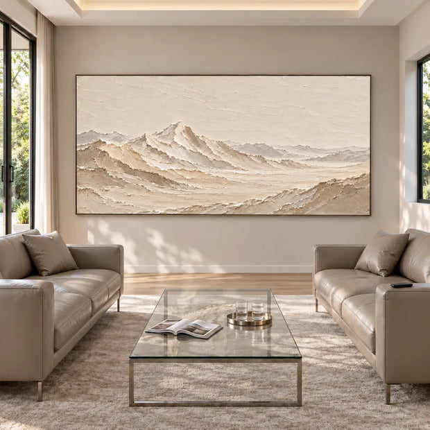 Cream Hand-Painted Mountain Painting, Open Panoramic Range #ALB5UQAD