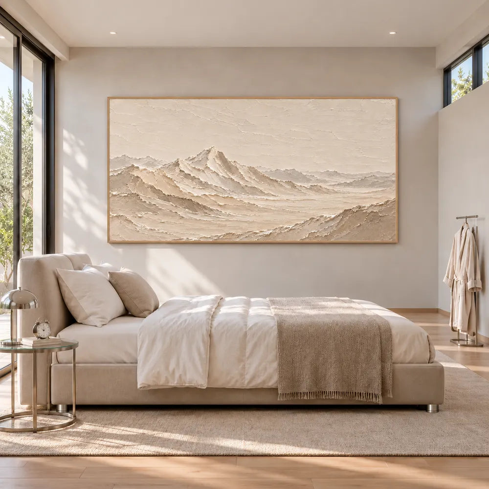 Cream Hand-Painted Mountain Painting, Open Panoramic Range #ALB5UQAD