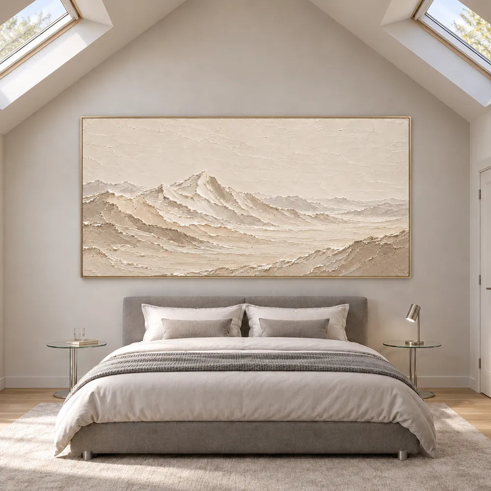 Cream Hand-Painted Mountain Painting, Open Panoramic Range #ALB5UQAD