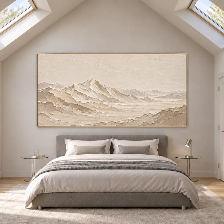 Cream Hand-Painted Mountain Painting, Open Panoramic Range #ALB5UQAD