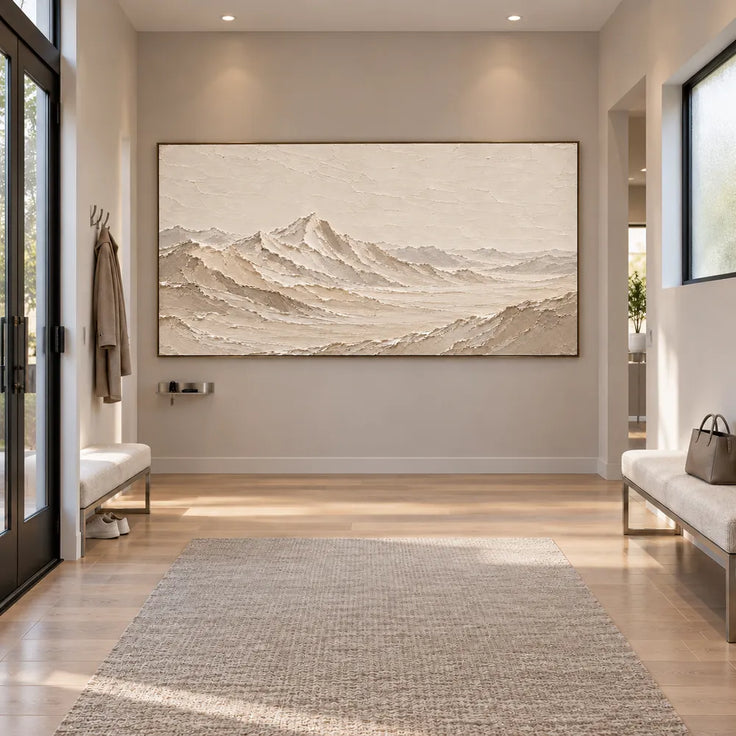 Cream Hand-Painted Mountain Painting, Open Panoramic Range #ALB5UQAD
