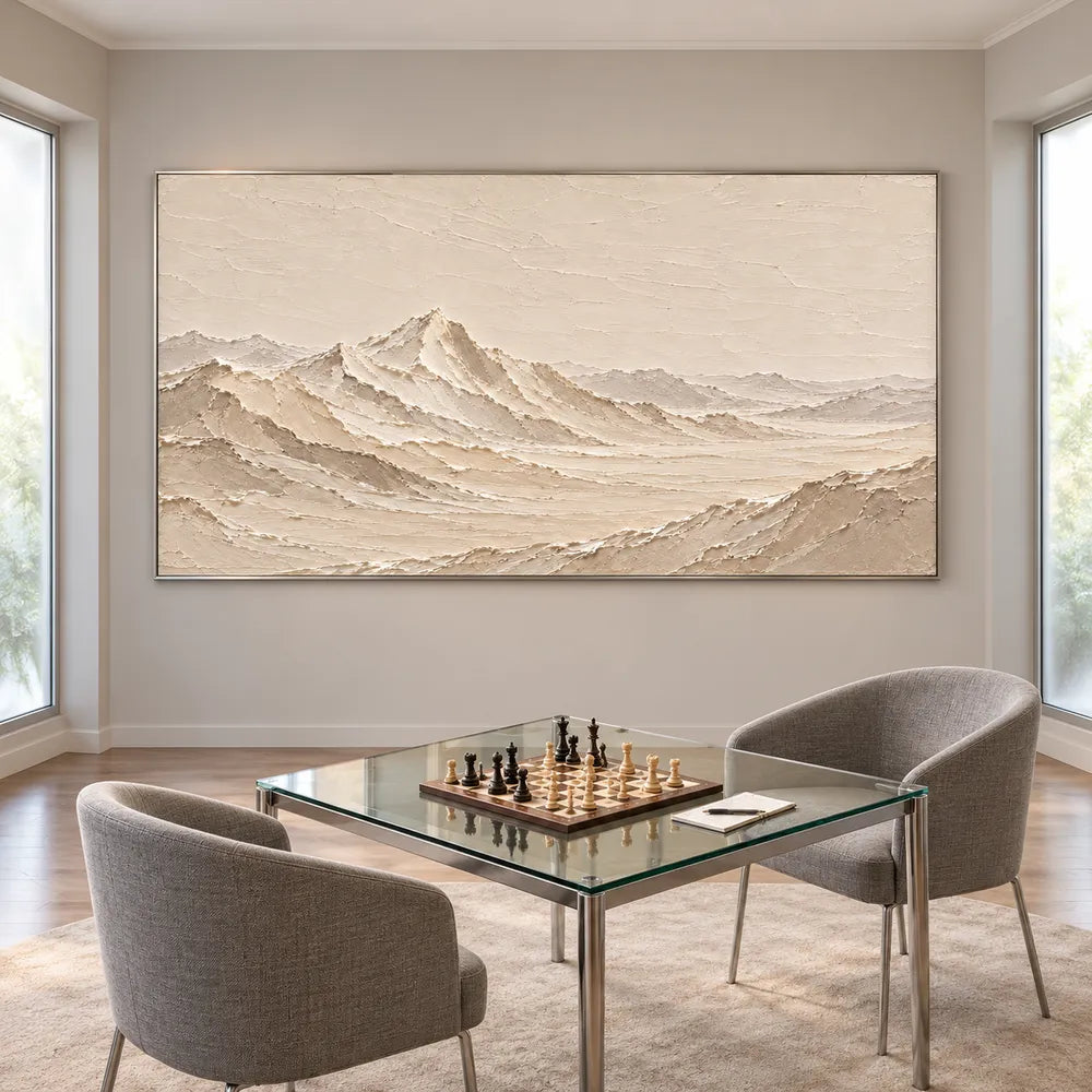 Cream Hand-Painted Mountain Painting, Open Panoramic Range #ALB5UQAD