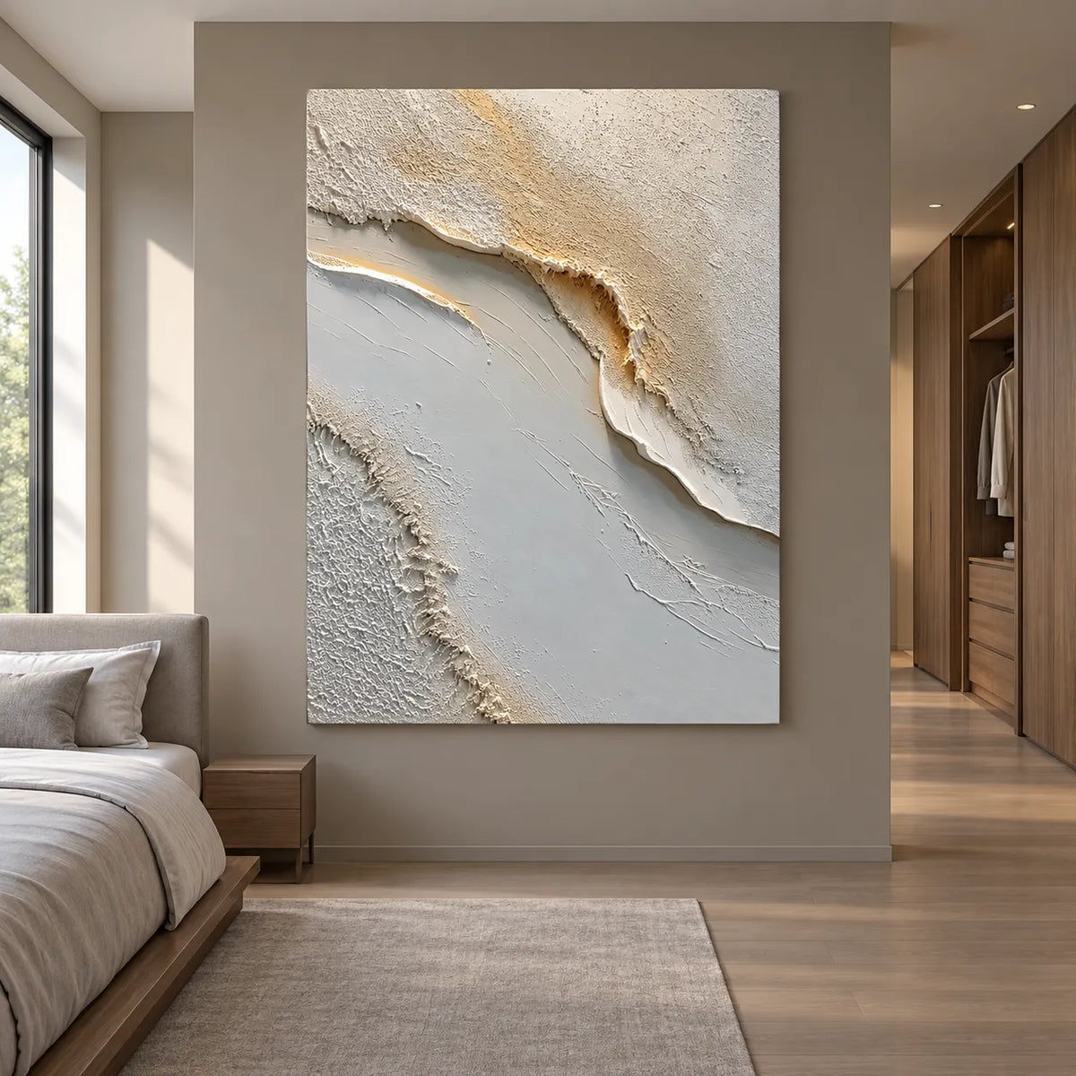 Ivory & Gray Hand-Painted 3D Textured Oil Painting, Flowing Neutral Abstract Wall Art #7WH7383O