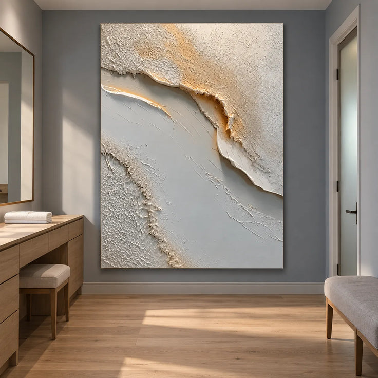 Ivory & Gray Hand-Painted 3D Textured Oil Painting, Flowing Neutral Abstract Wall Art #7WH7383O