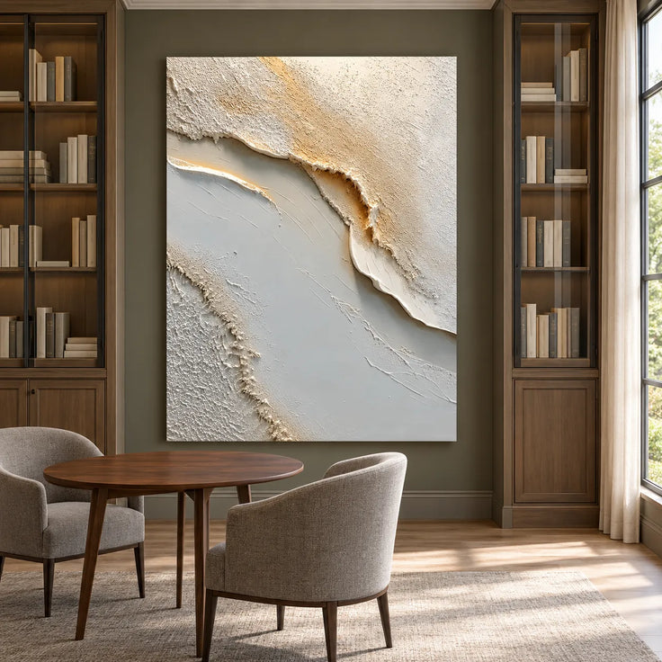 Ivory & Gray Hand-Painted 3D Textured Oil Painting, Flowing Neutral Abstract Wall Art #7WH7383O