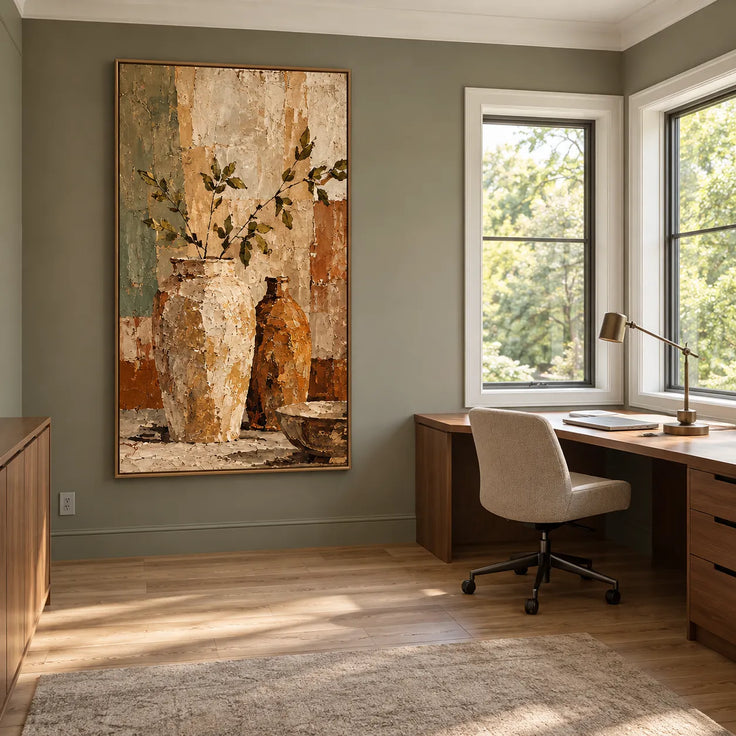 Beige Brown Hand-Painted Oil Painting, Leafy Branches and Vases Still Life #BTIPJXFX