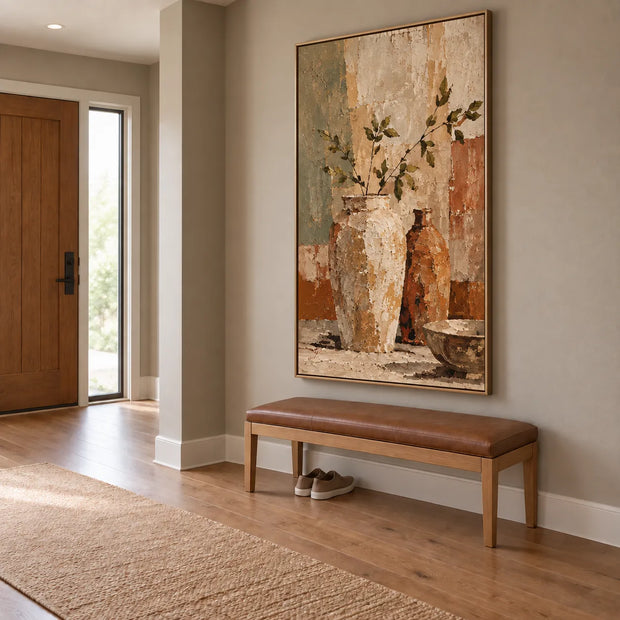 Beige Brown Hand-Painted Oil Painting, Leafy Branches and Vases Still Life #BTIPJXFX