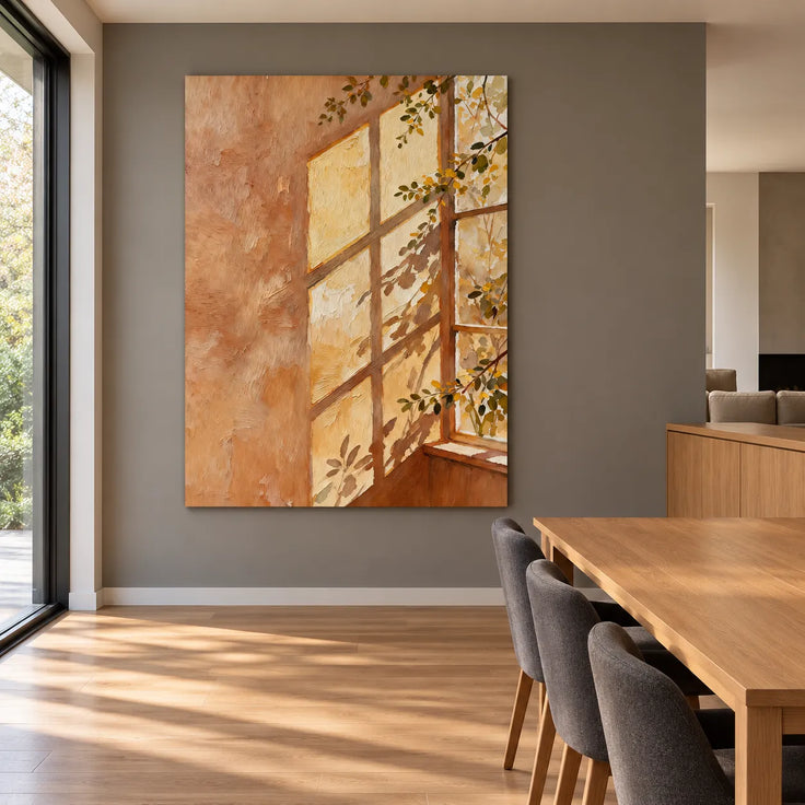 Tan & Gold Hand-Painted Oil Painting, Sunlit Window and Leafy Branches #2MSZ5G4S