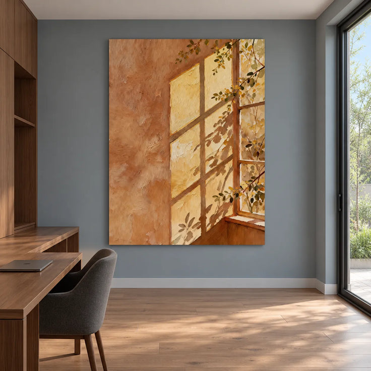 Tan & Gold Hand-Painted Oil Painting, Sunlit Window and Leafy Branches #2MSZ5G4S
