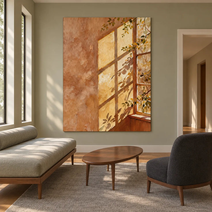 Tan & Gold Hand-Painted Oil Painting, Sunlit Window and Leafy Branches #2MSZ5G4S