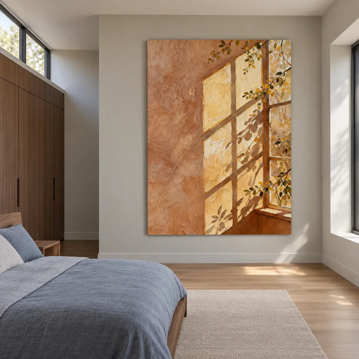 Tan & Gold Hand-Painted Oil Painting, Sunlit Window and Leafy Branches #2MSZ5G4S