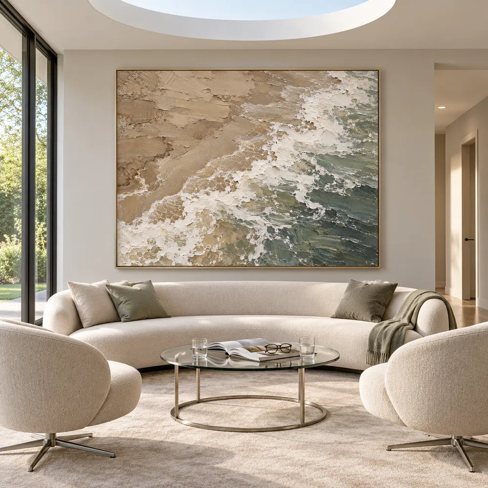 Sand Sage Hand-Painted Shoreline Painting, Diagonal Surf #84UH8QXY